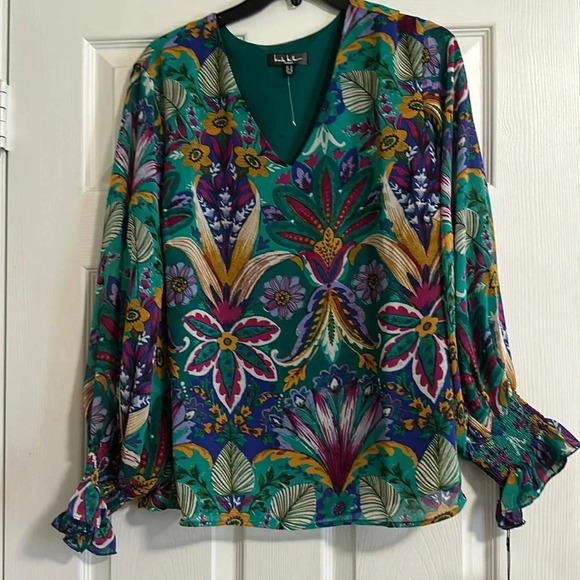 Nicole Miller Long Sleeve Blouse Tropical Teal Blue Print - Size 1X NEW - Picture 1 of 5